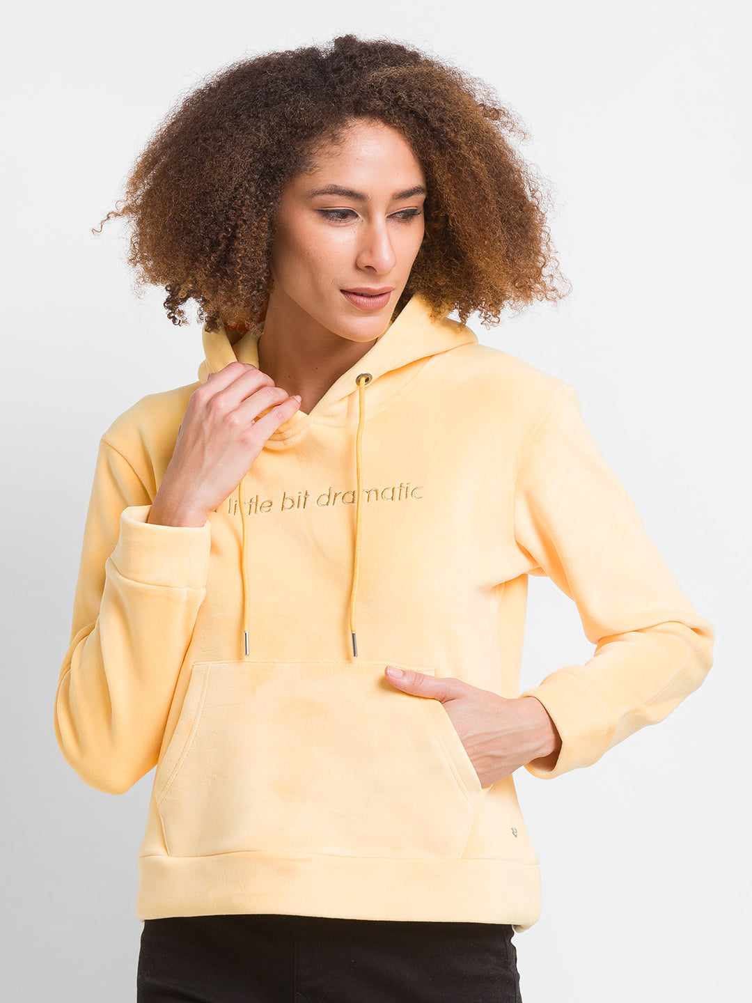 Spykar Butter Yellow Cotton Blend Full Sleeve Hooded Sweatshirts For Women