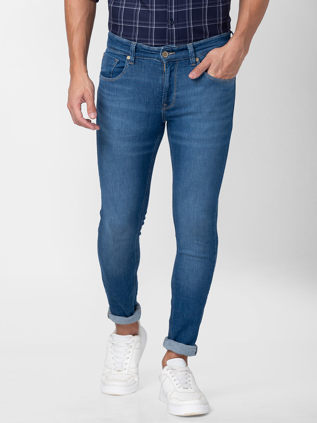 Spykar Men Mid Blue Cotton Super Slim Fit Tapered Length Jeans (Super Skinny)