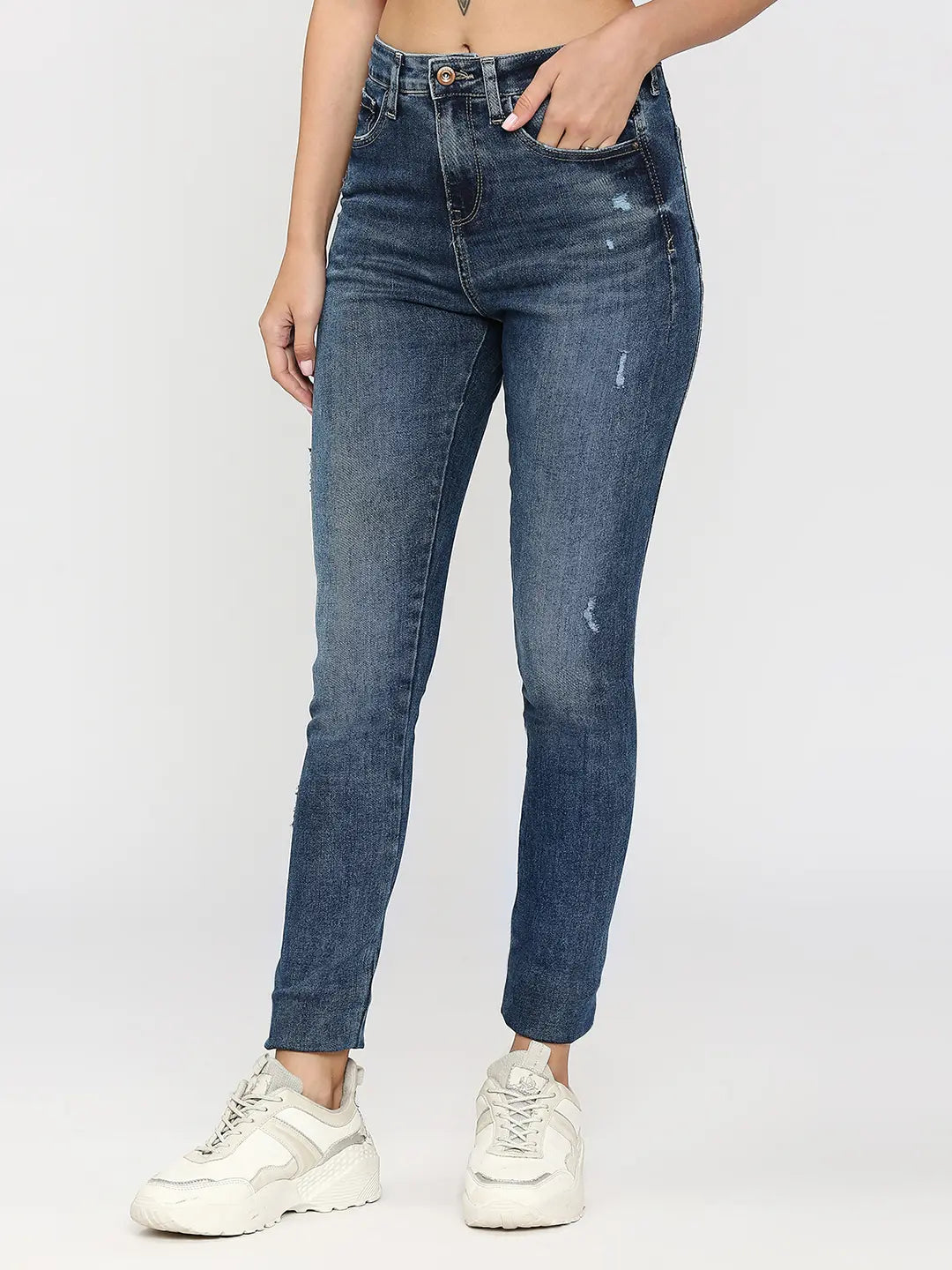 Spykar Women Dark Blue Cotton Skinny Fit Ankle Length Low Distress Mid Rise Jeans (Ynr)