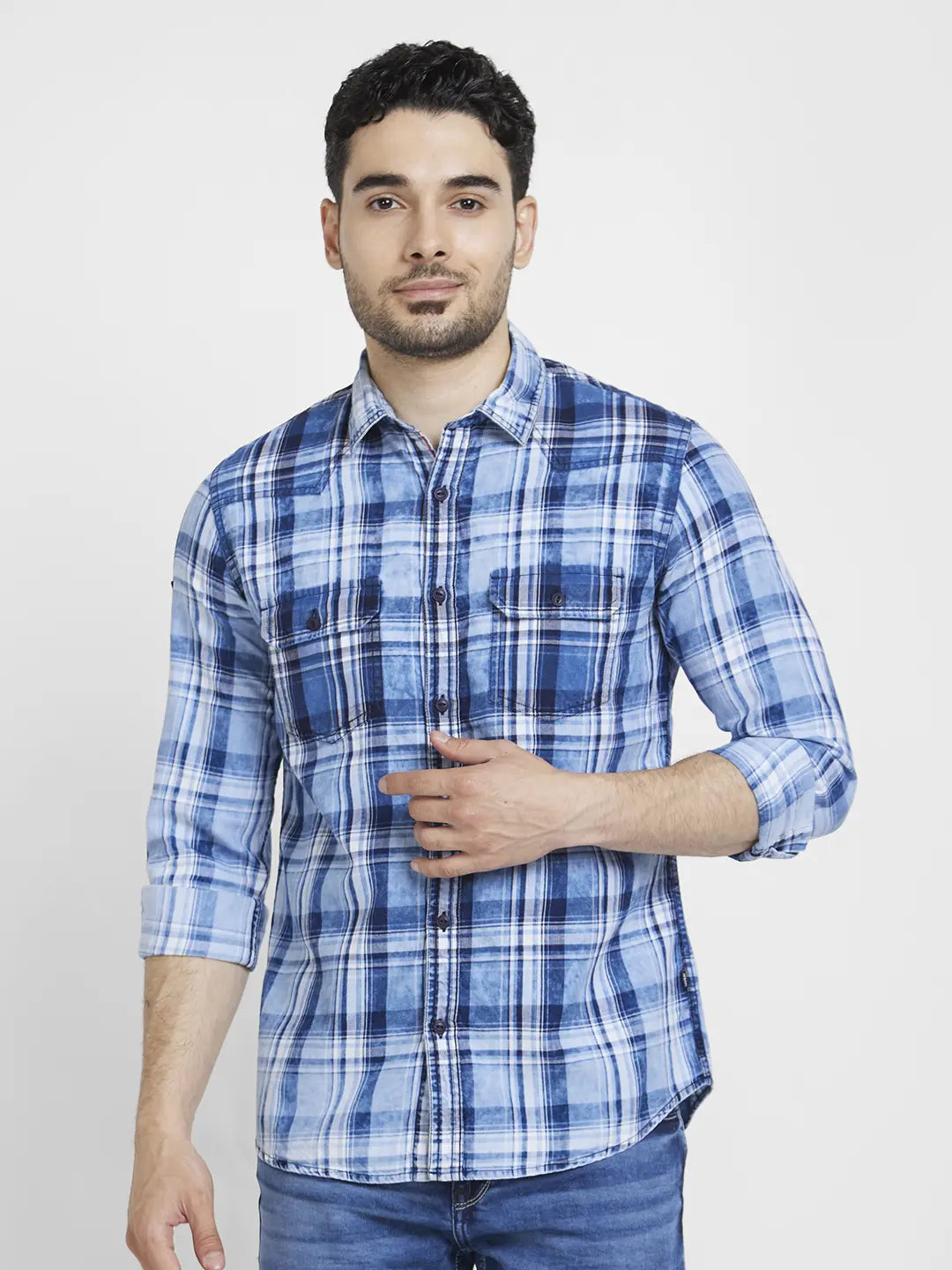 Spykar Men Indigo Blue Cotton Regular Slim Fit Full Sleeve Checkered Shirt