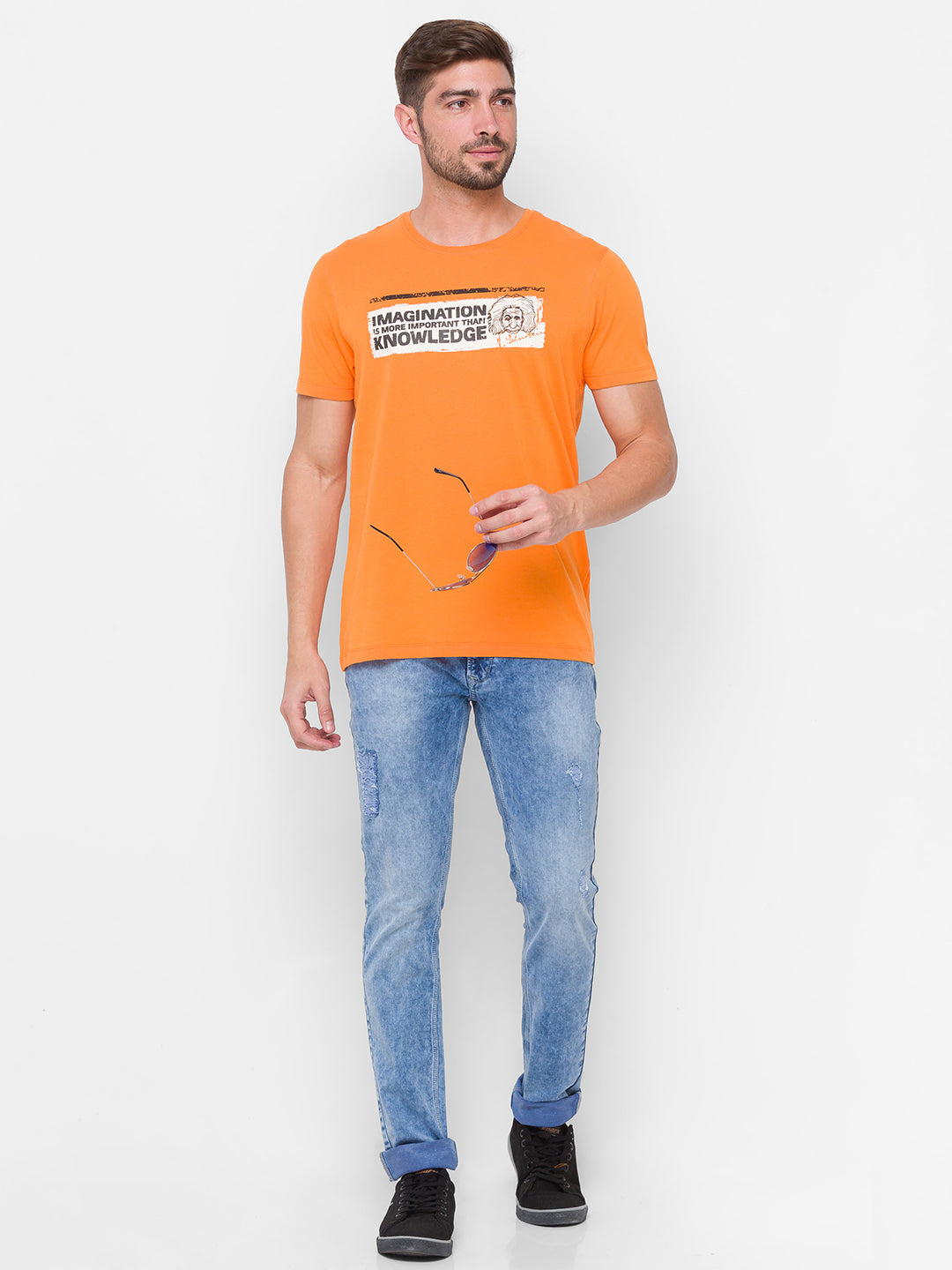 Albert Einstein Spykar Men Orange Cotton Slim Fit Round Neck T-Shirt