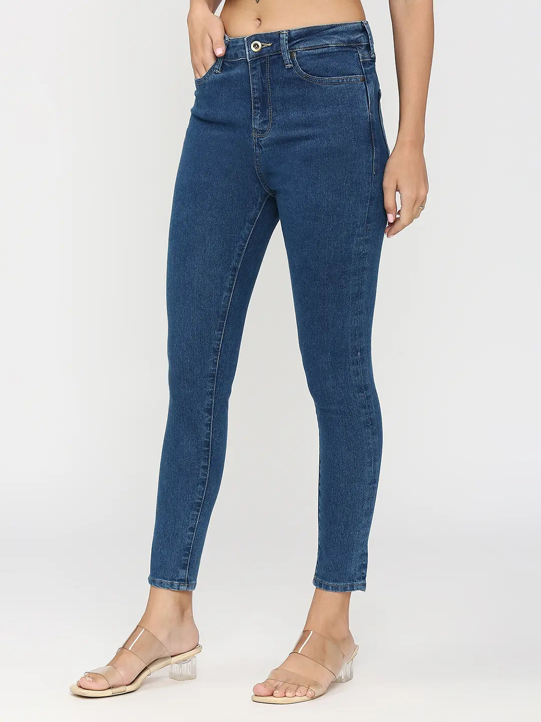 Spykar Women Mid Blue Cotton Skinny Fit Ankle Length Clean Look Mid Rise Jeans (Ynr)