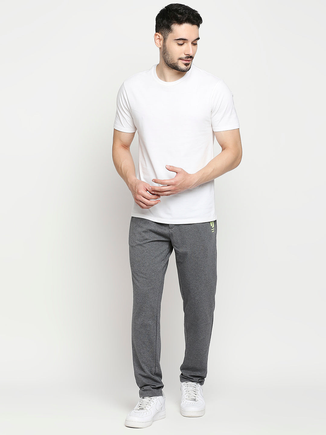 Men Cotton Blend Knitted Charcoal Trackpant- Underjeans by Spykar