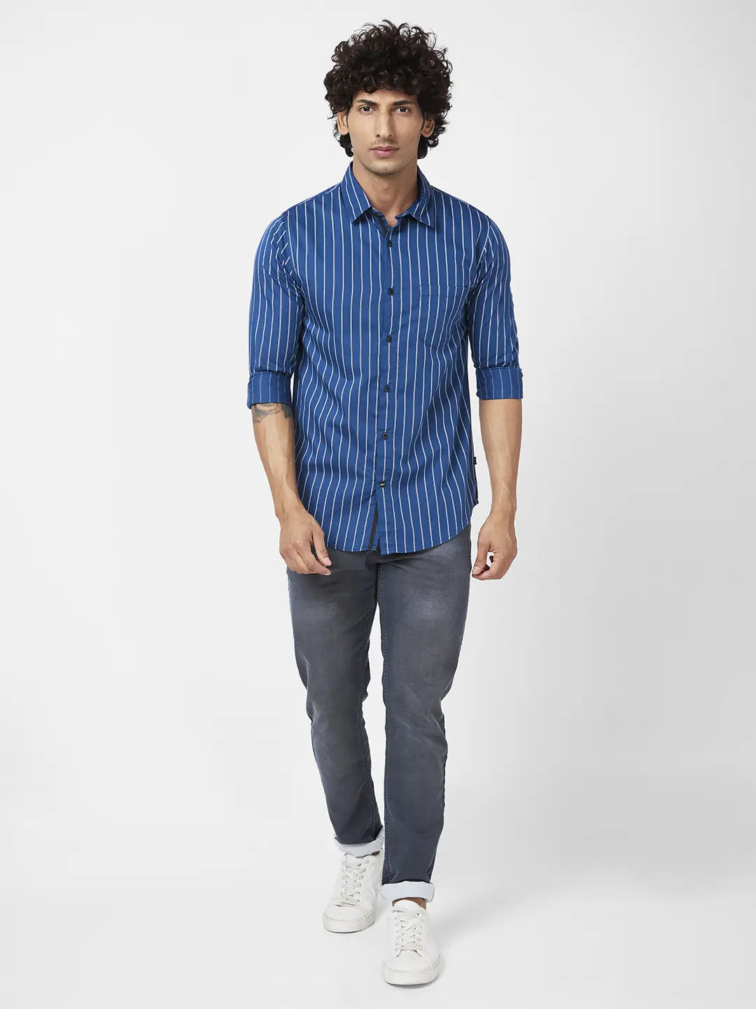 Spykar Men Teal Blue Cotton Regular Slim Fit Full Sleeve Casual Striped Shirt