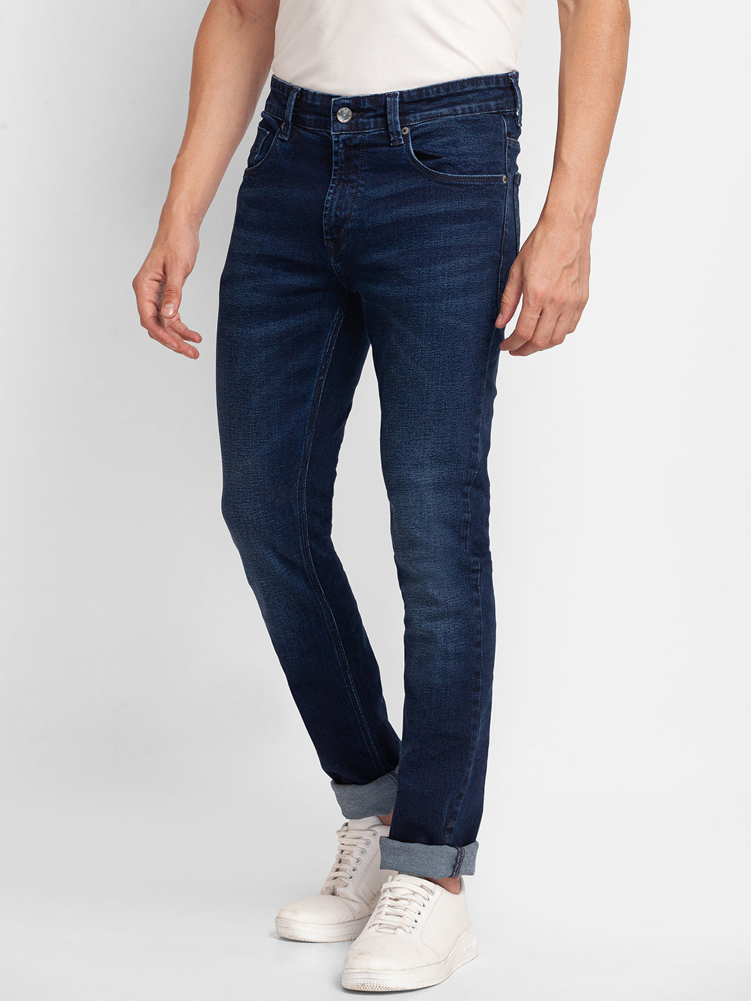 Spykar Dark Blue Cotton Regular Fit Narrow Length Jeans For Men (Rover)