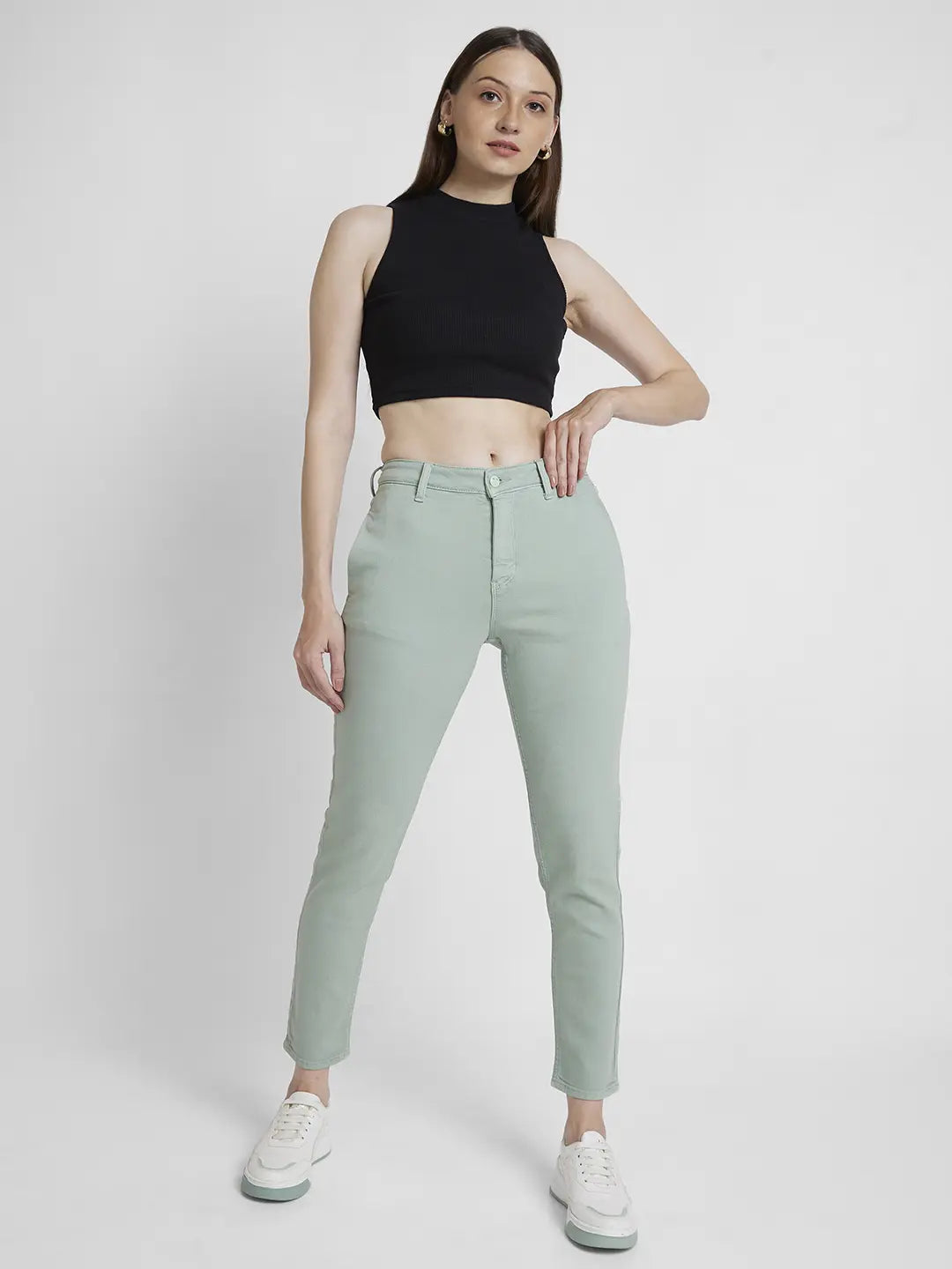 Spykar Women Fern Green Cotton Mom Fit Ankle Length Clean Look Jeans -(Amora)