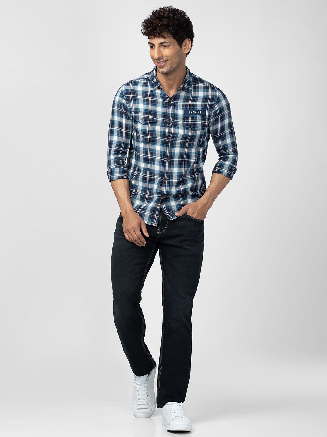 Spykar Men Navy Blue Cotton Slim Fit Checkered Shirt