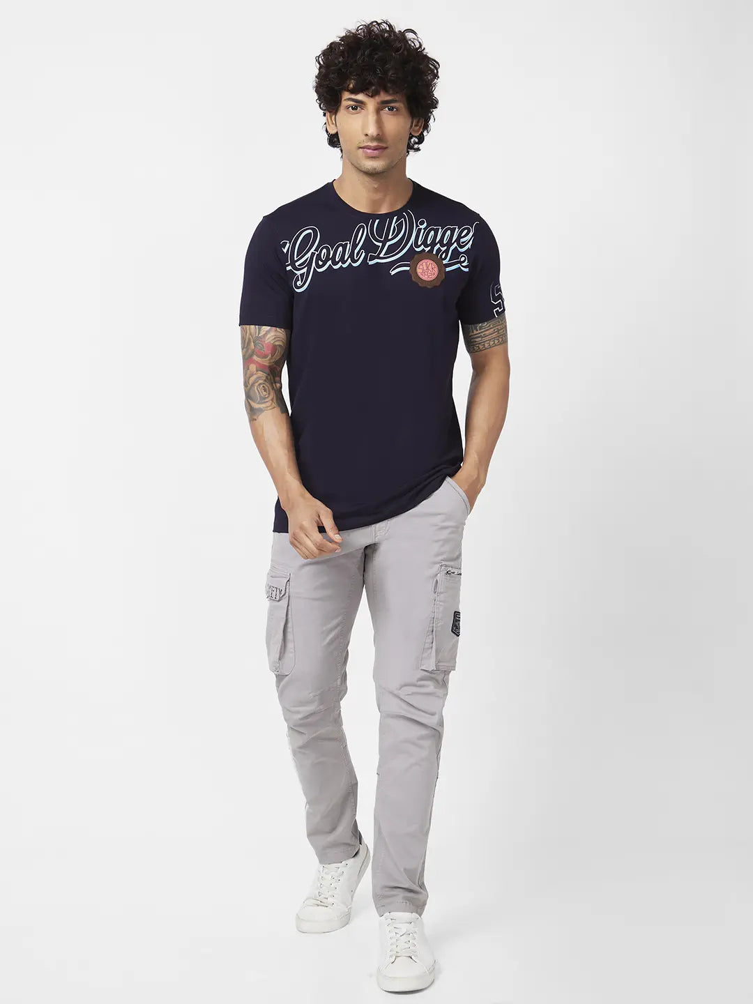 Spykar Men Navy Blue Blended Slim Fit Half Sleeve Round Neck Printed Tshirt