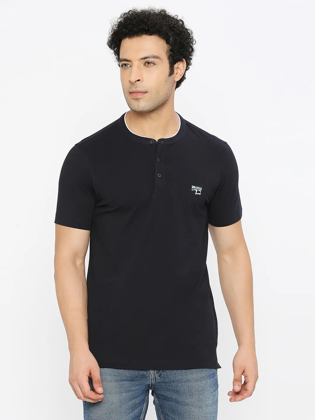 Spykar Men Navy Blue Blended Regular Fit Half Sleeve Plain M and arin Collar Tshirt