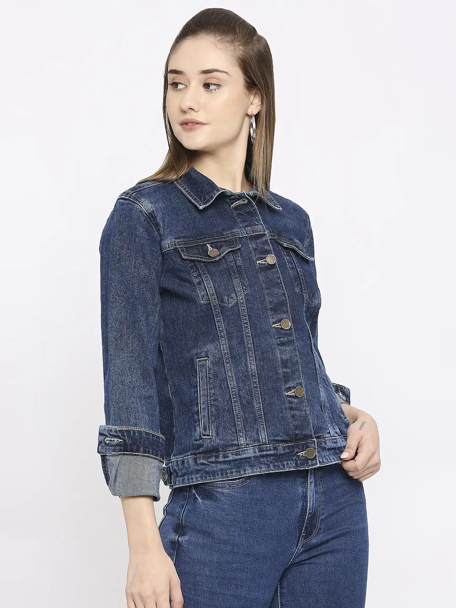 Buy OnlineSpykar Women Dark Blue Lycra Regular Fit Denim Jacket