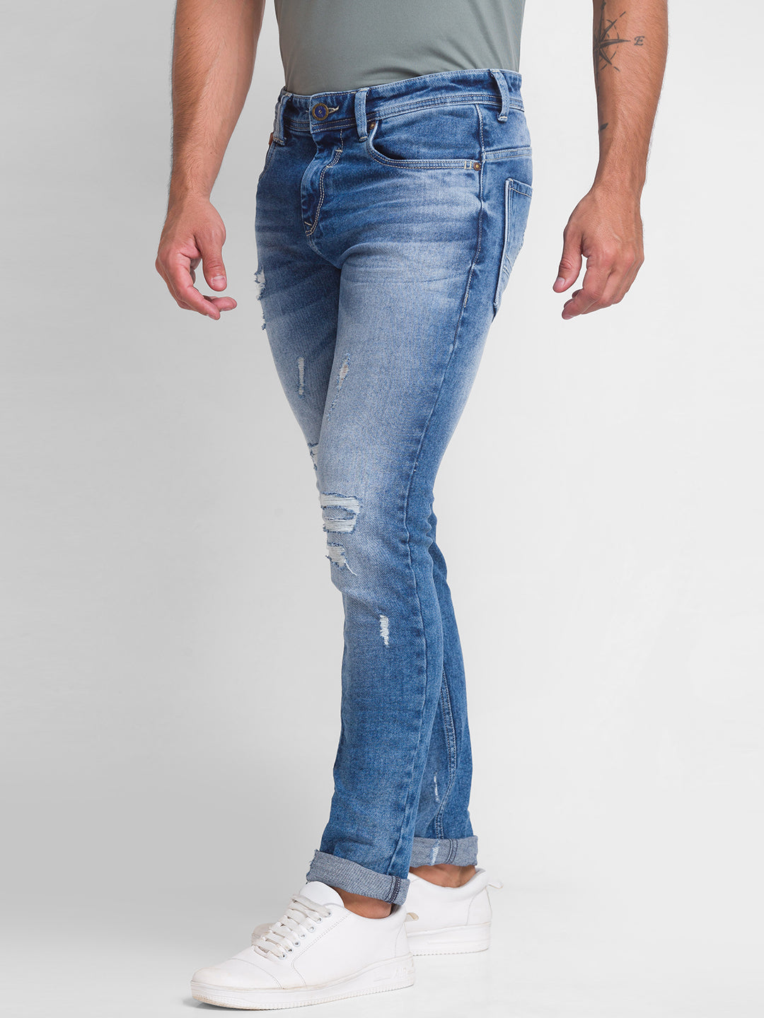 Spykar Mid Blue Cotton Slim Fit Narrow Length Jeans For Men (Skinny)