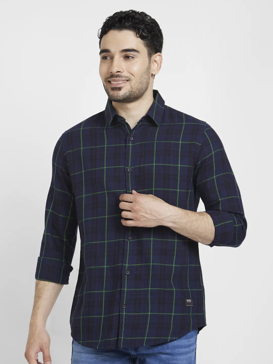 Spykar Men Midnight Blue Cotton Regular Slim Fit Full Sleeve Checkered Shirt