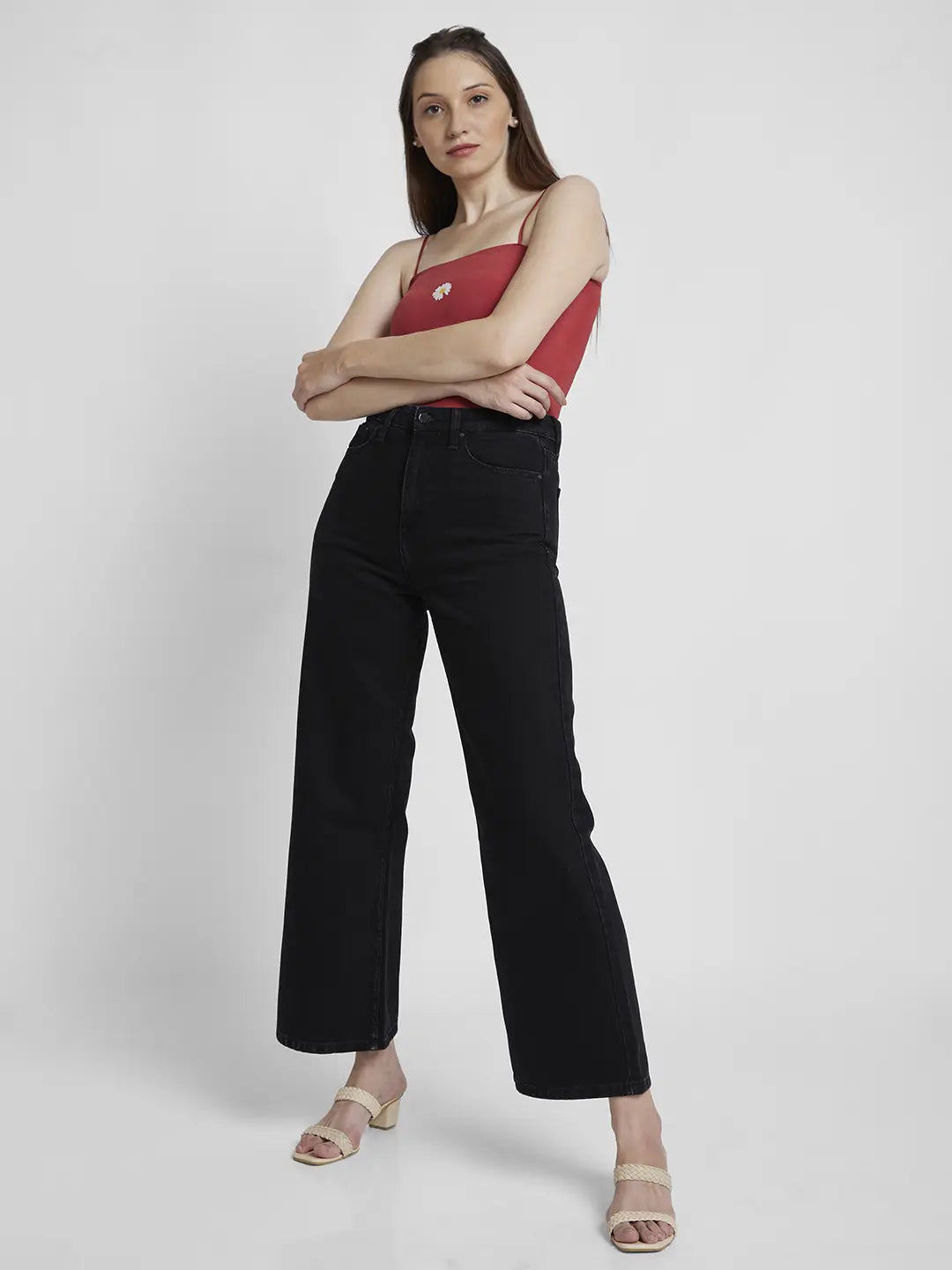 Spykar Women Black Cotton Wide Leg Fit Ankle Length Clean Look Jeans -(Bella-Wide Leg)