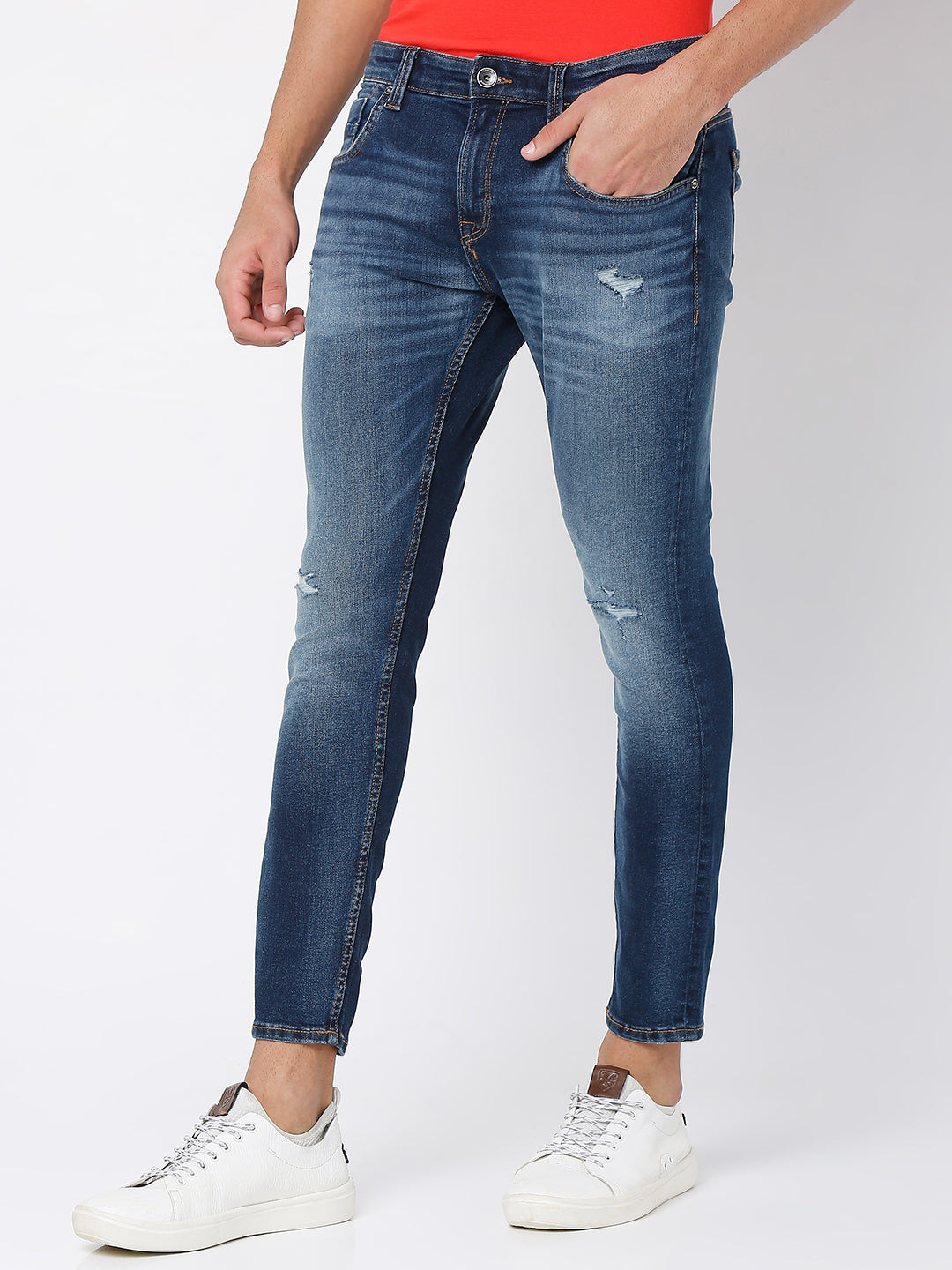Spykar Mid Blue Cotton Slim Fit Tapered Length Jeans For Men (Kano)
