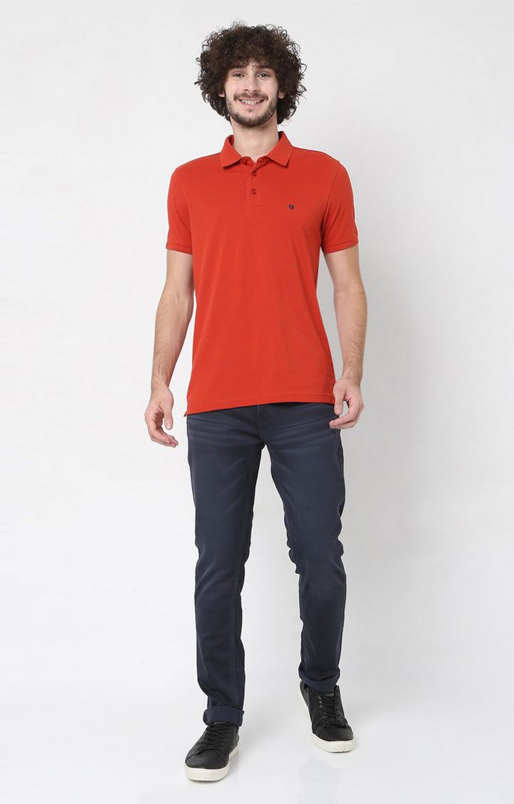 Men Orange Cotton Regular Fit Polo T-Shirt - Underjeans By Spykar