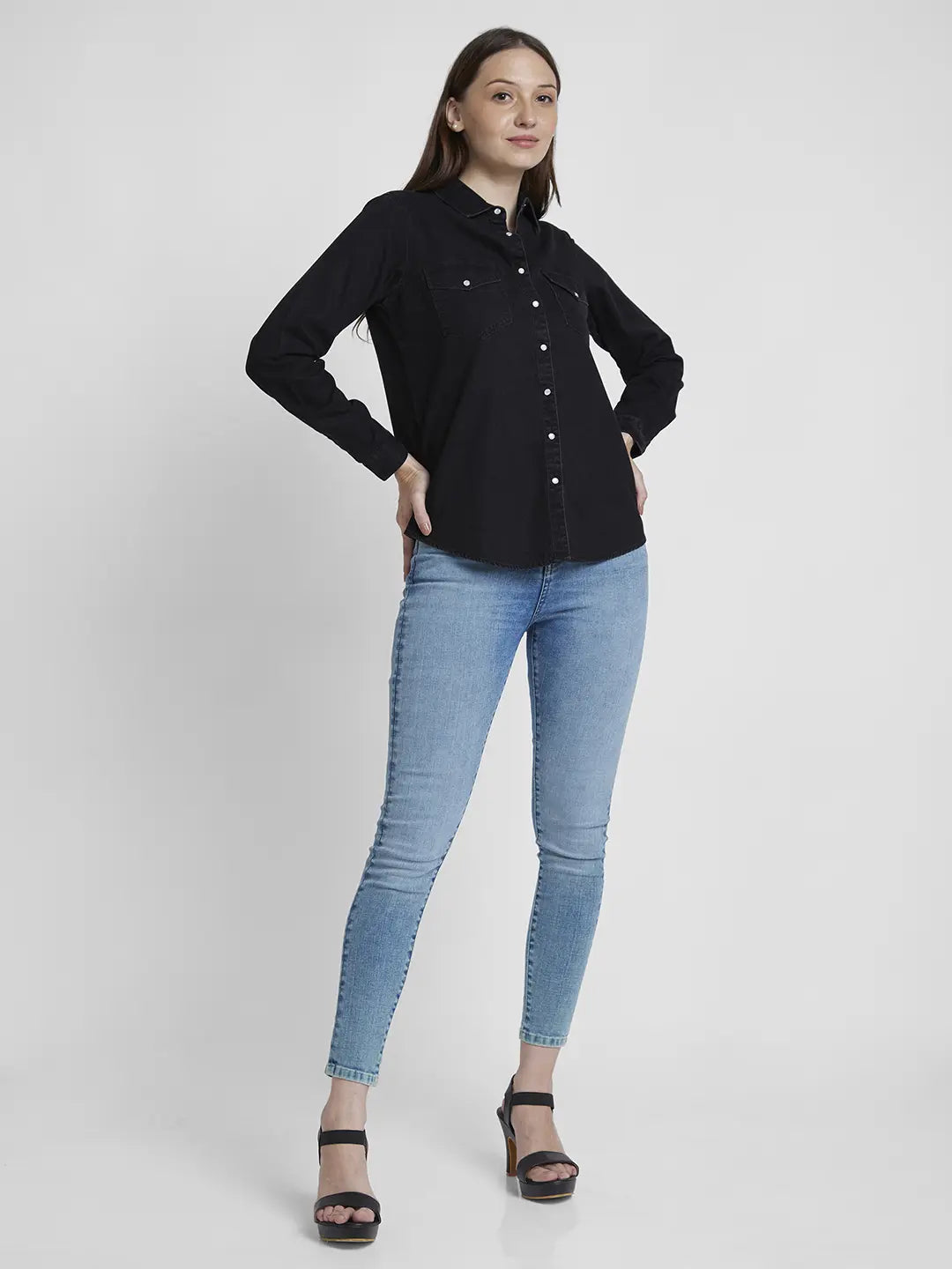 Spykar Women Black Cotton Regular Fit Full Sleeve Plain Shirt