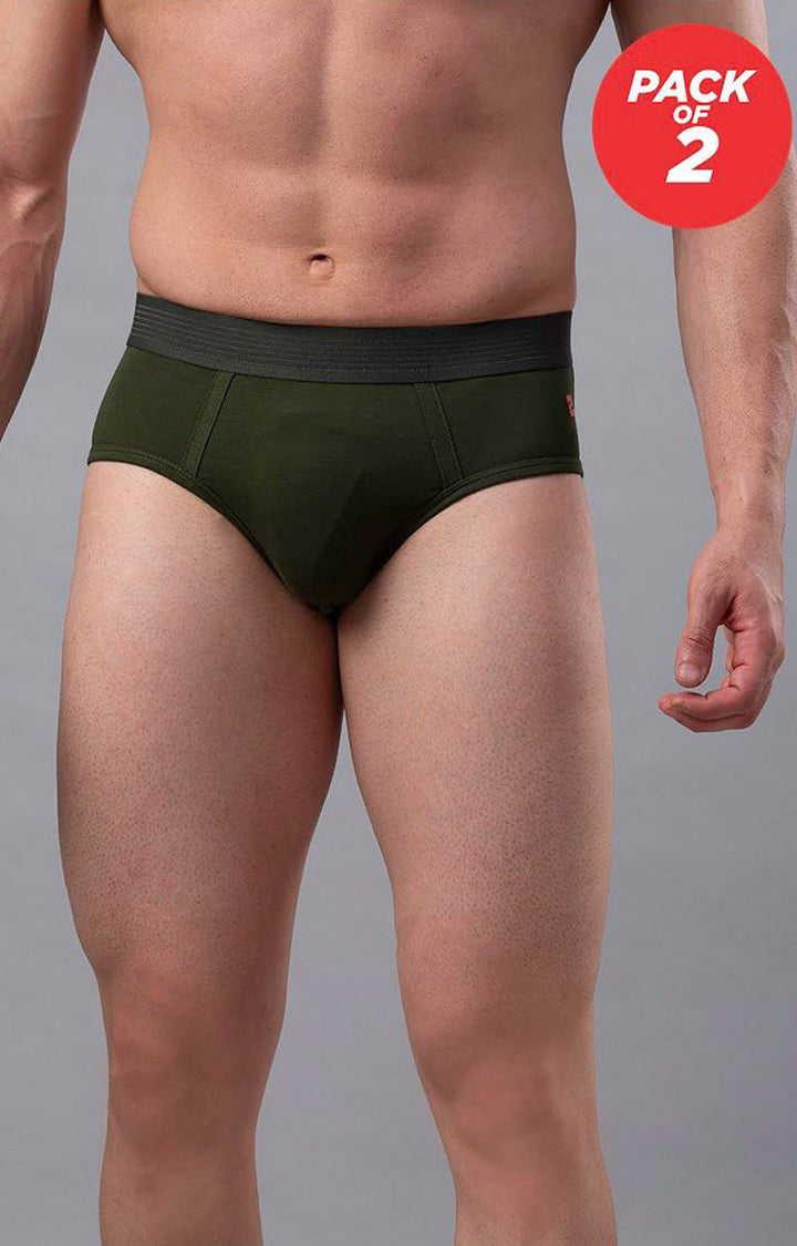 Olive Cotton Brief For Men - (Pack Of 2)- Underjeans By Spykar