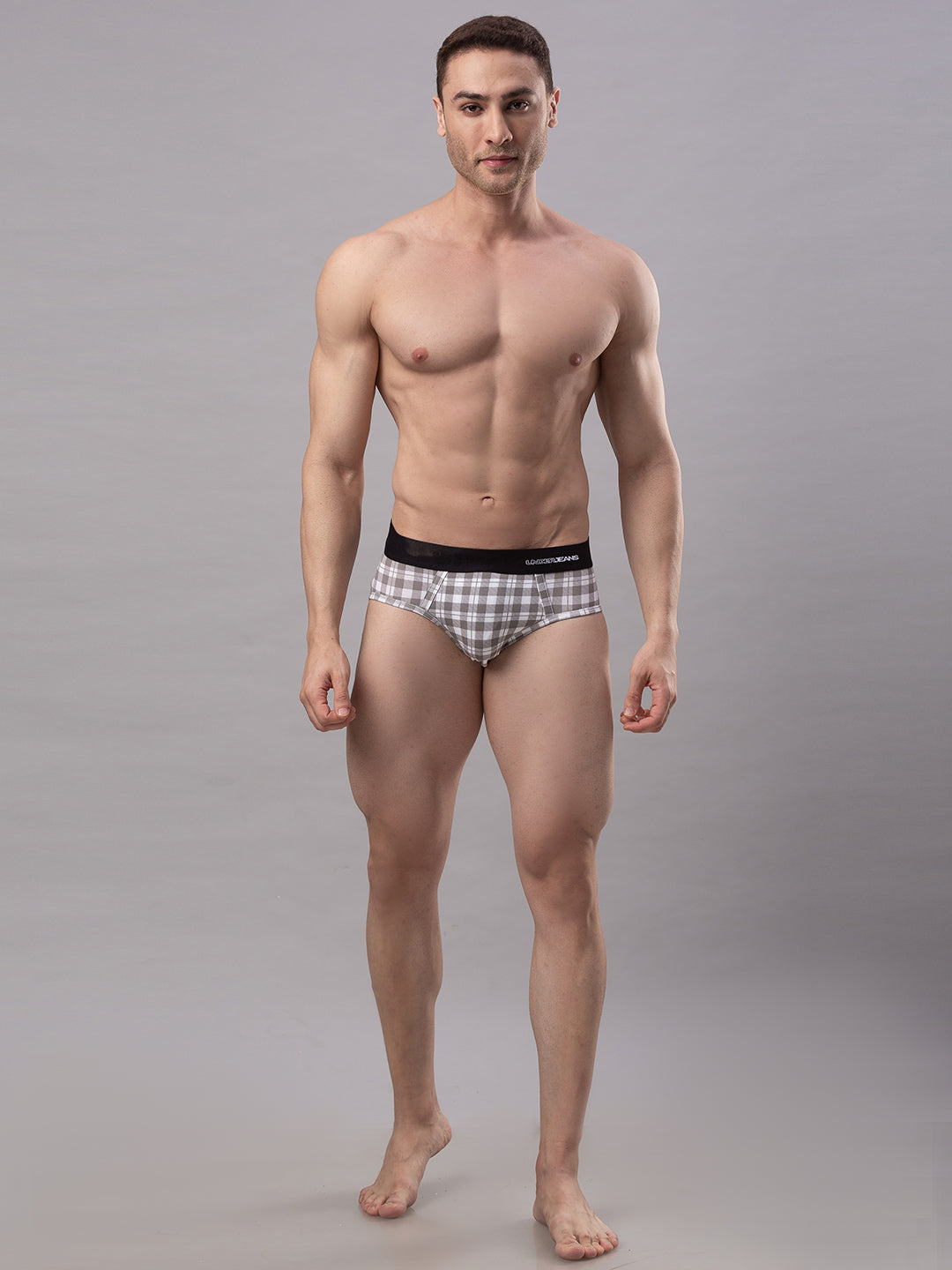 Men Cotton Blend White-Check Brief- Underjeans By Spykar
