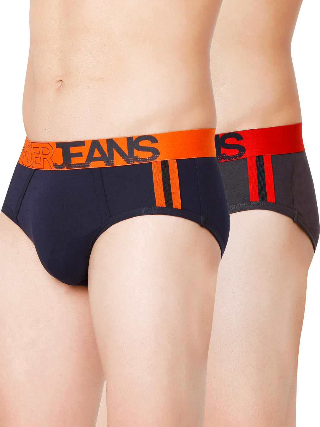 Men Grey-Red & Navy-Orange Cotton Blend Brief (Pack Of 2)- Underjeans By Spykar