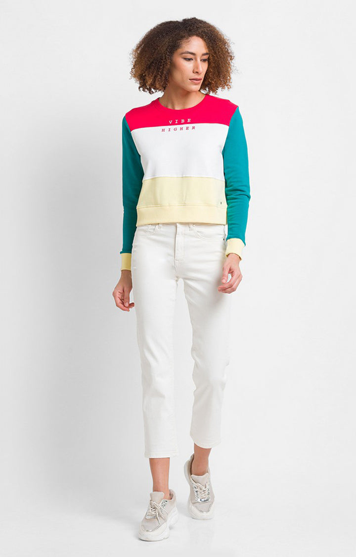 Spykar Red Cotton Blend Full Sleeve Round Neck Sweatshirts For Women