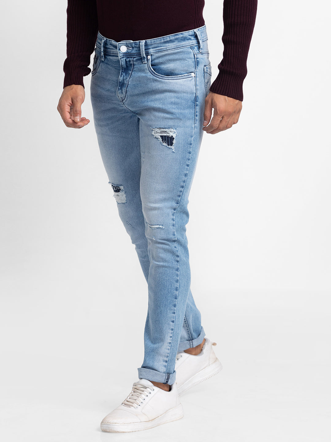 Spykar Light Blue Cotton Slim Fit Narrow Length Jeans For Men (Skinny)