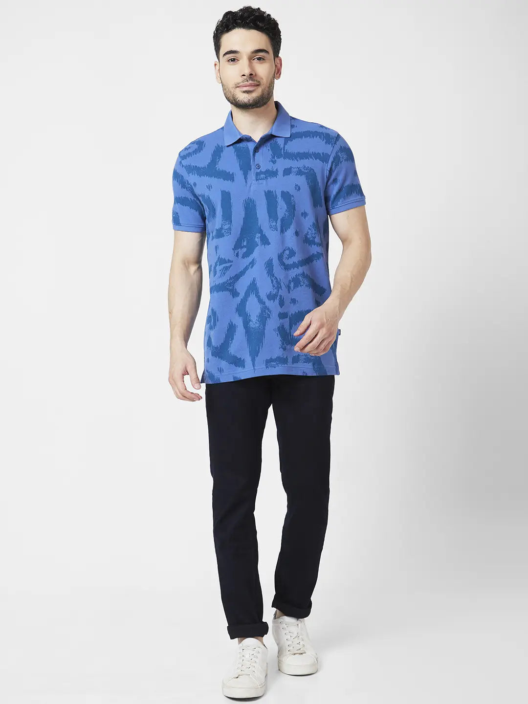 Spykar Men Haze Blue Cotton Slim Fit Half Sleeve Polo Neck Printed Tshirt