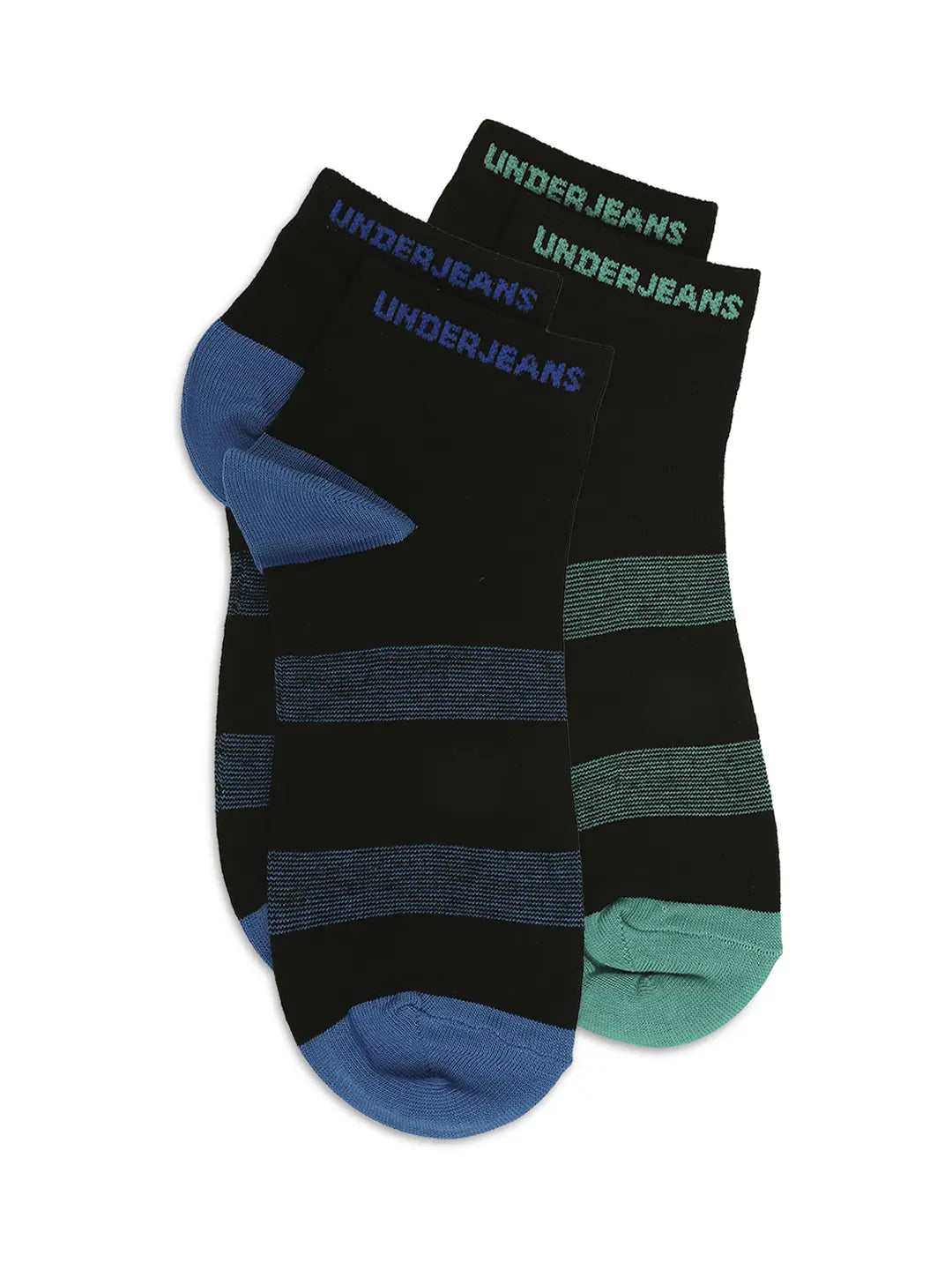 Men Black Royal Blue & Sea Green Ankle Length Socks - Pack Of 2- Underjeans By Spykar