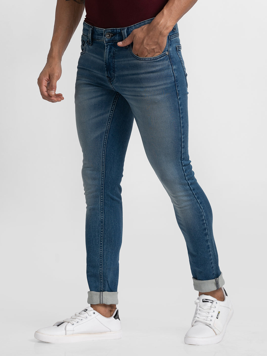 Spykar Mid Blue Cotton Slim Fit Narrow Length Jeans For Men (Skinny)