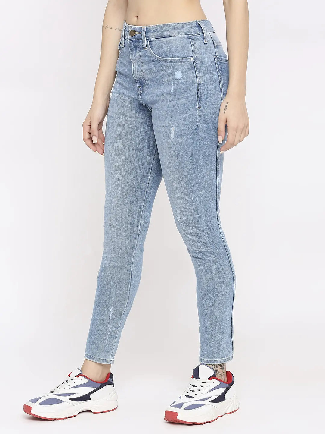 Spykar Women Light Blue Lycra Skinny Fit - Low Distressed Mid Rise Jeans-(Adora)