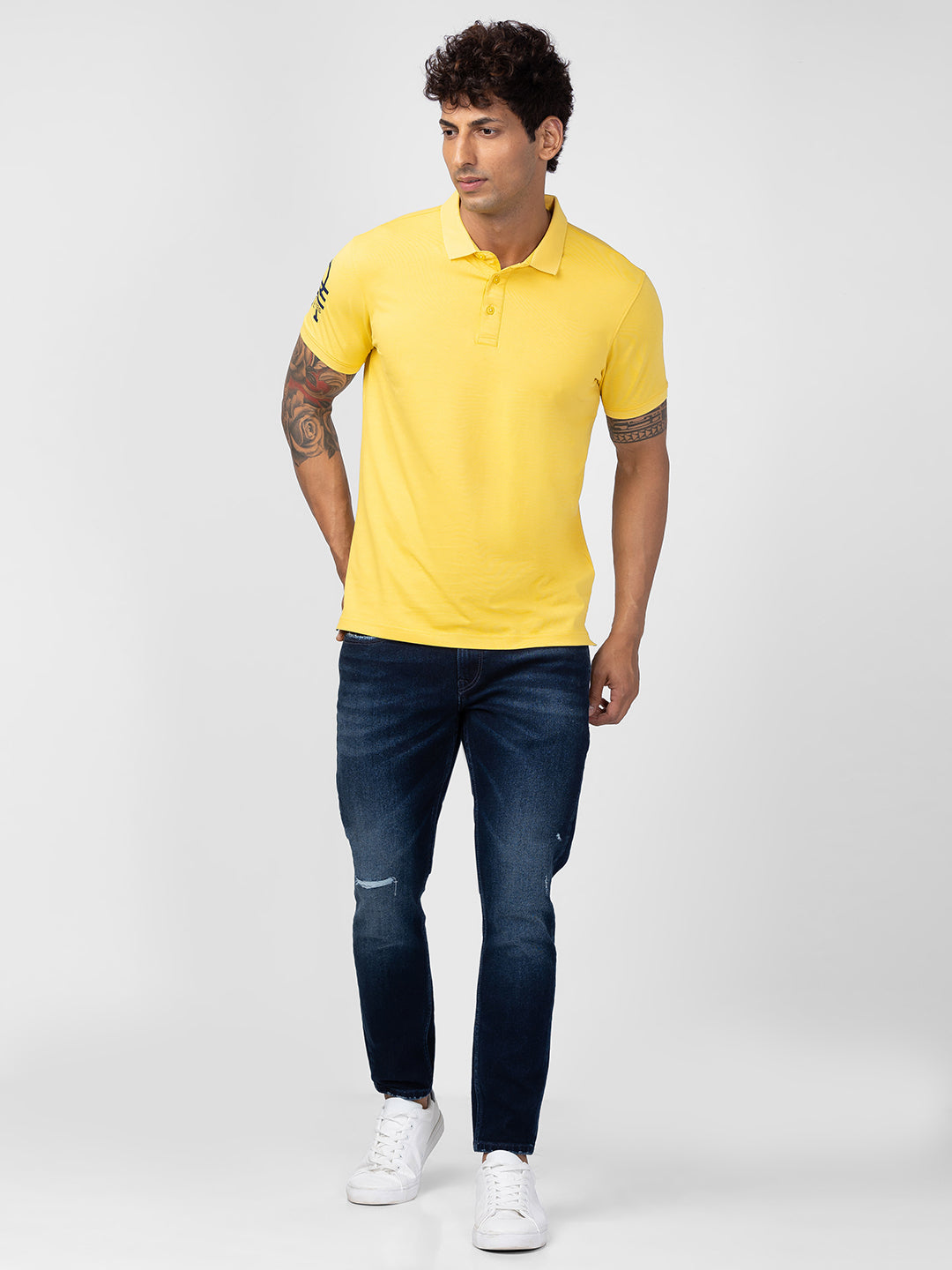 Spykar Men Yellow Cotton Regular Fit Half Sleeve Plain Polo T-Shirt