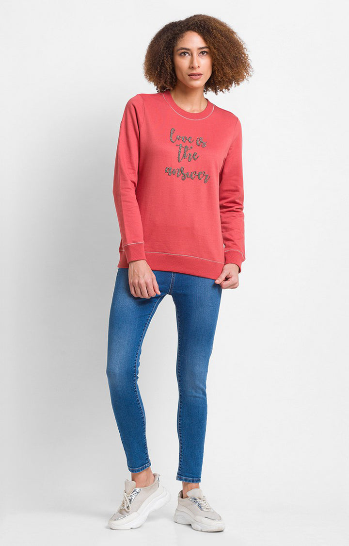 Spykar Burnt Orange Cotton Blend Full Sleeve Round Neck Sweatshirts For Women