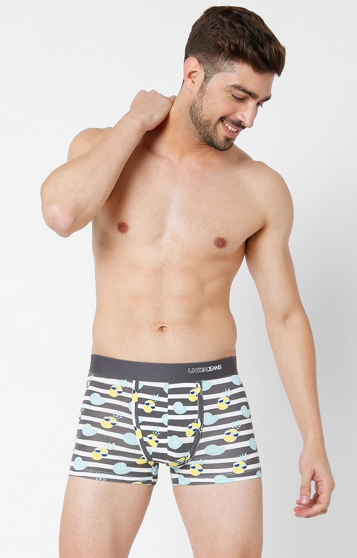 Men Grey Cotton Blend Printed Trunk- Underjeans By Spykar