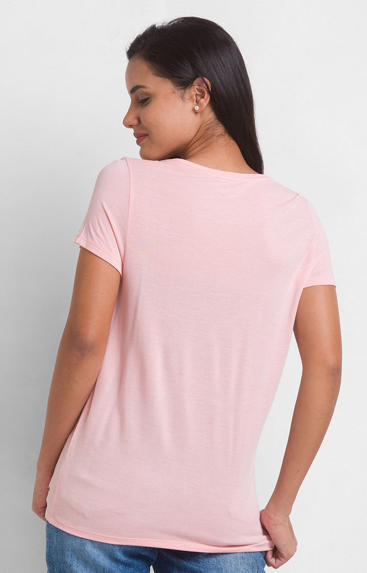 Spykar Baby Pink Blend Half Sleeve Printed Casual T-Shirts For Women