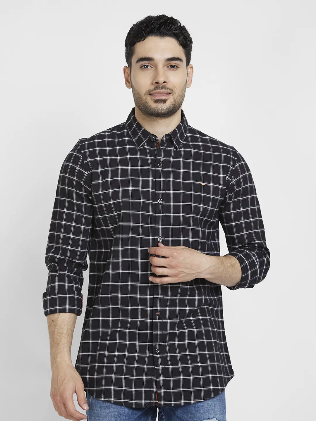 Spykar Men Jet Black Cotton Regular Slim Fit Full Sleeve Checkered Shirt