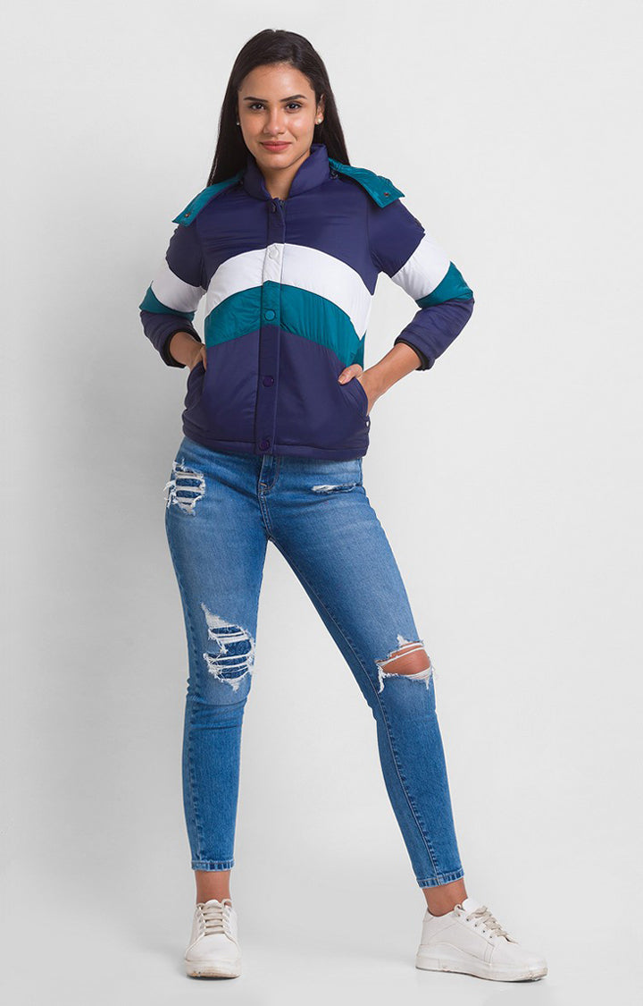 Spykar Navy Nylon Full Sleeve Hooded Jacket For Women