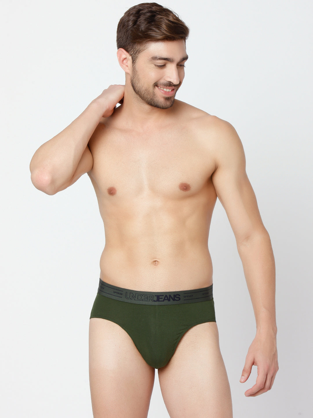 Men Olive & White Cotton Blend Brief (Pack Of 2)- Underjeans By Spykar