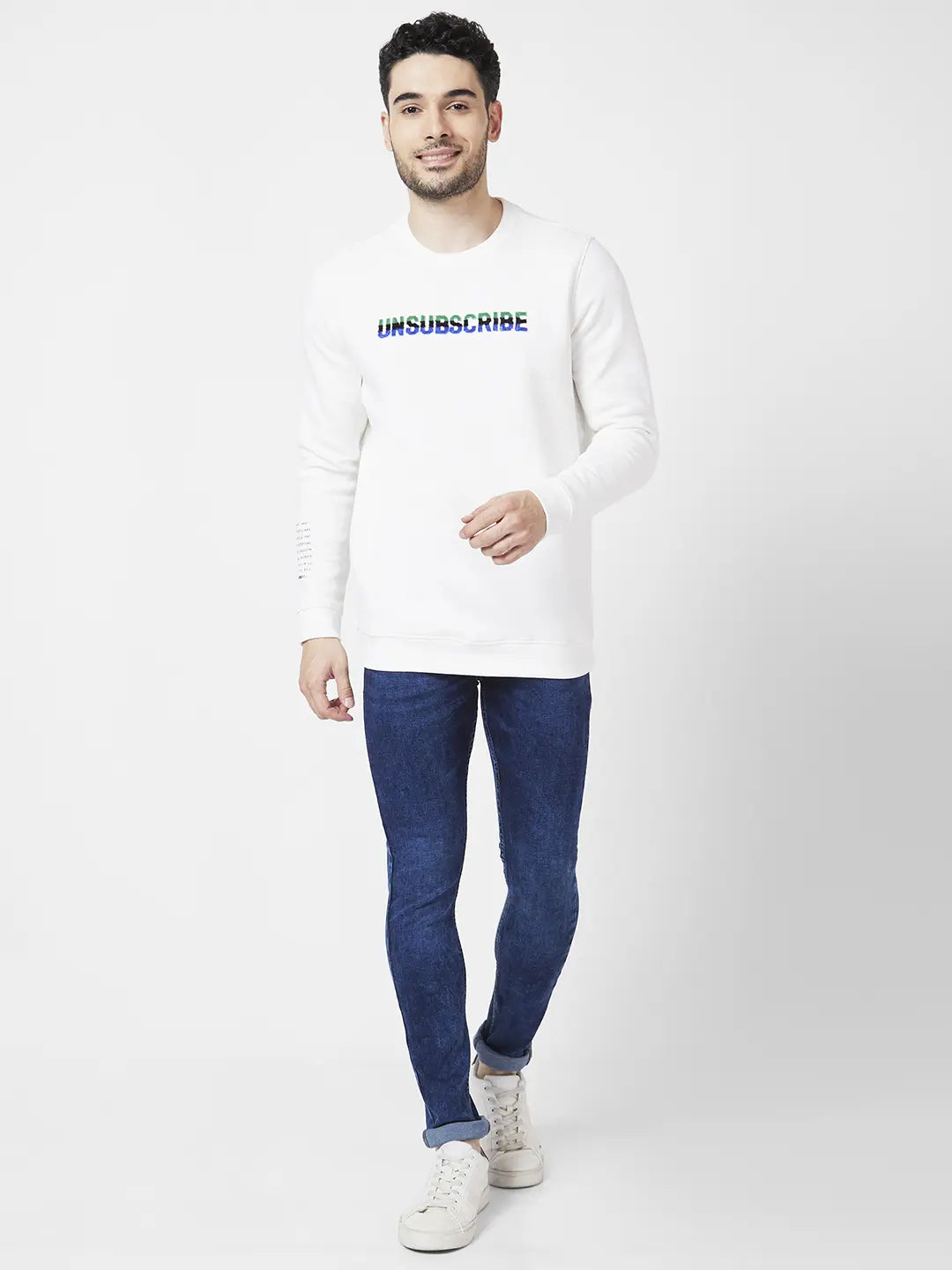 Spykar Men White Blended Slim Fit Full Sleeve Round Neck Plain Sweatshirt
