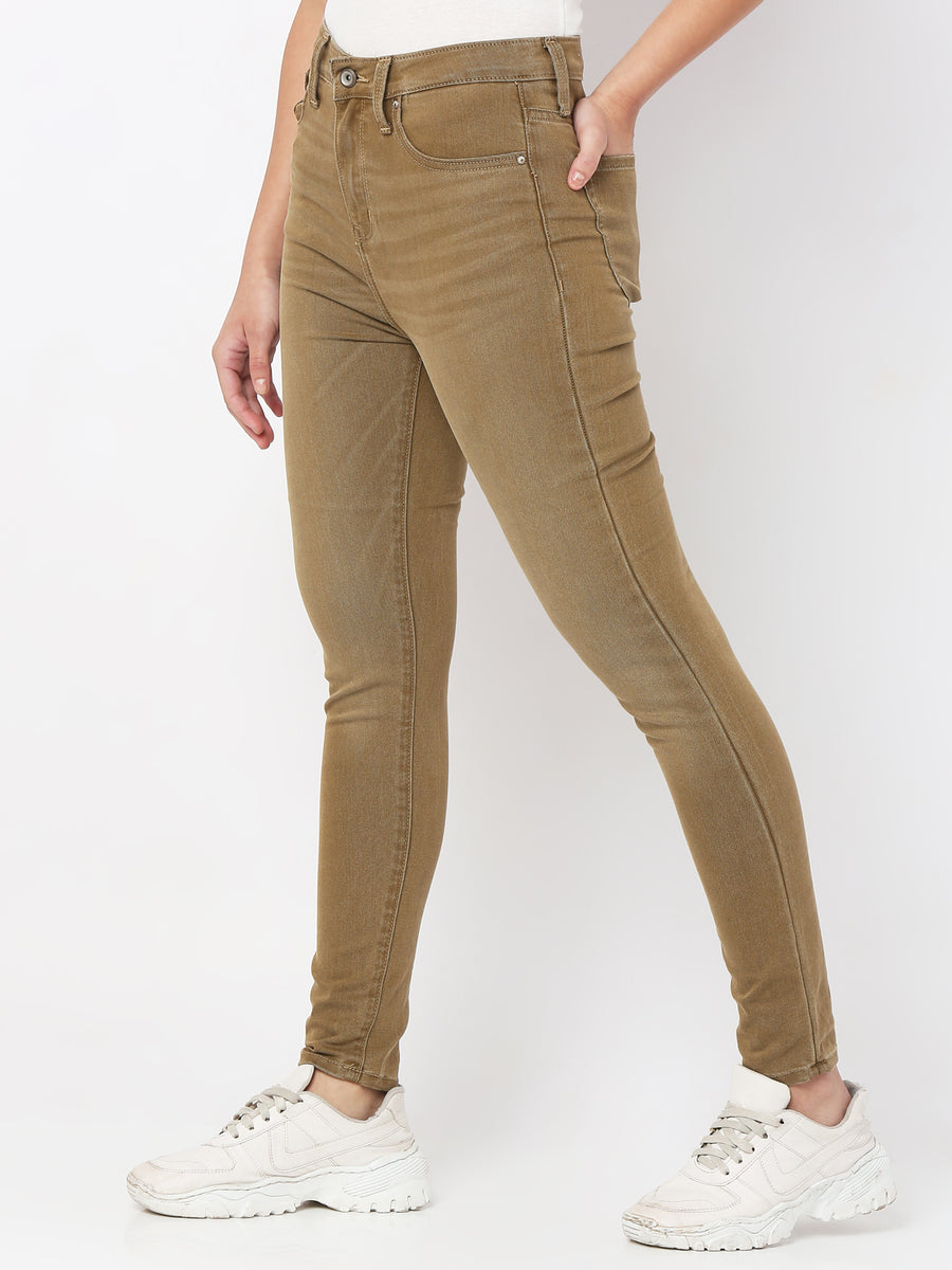 Spykar Women Light Khaki Cotton Super Skinny Ankle Length Jeans