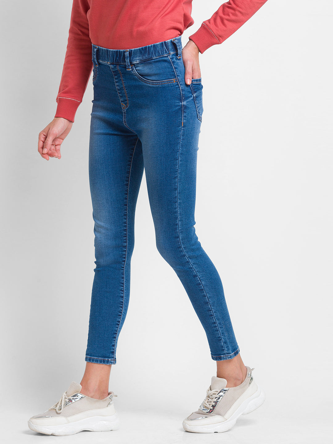 Spykar Mid Blue Lycra Super Skinny Ankle Length Jeans For Women (Alexa)