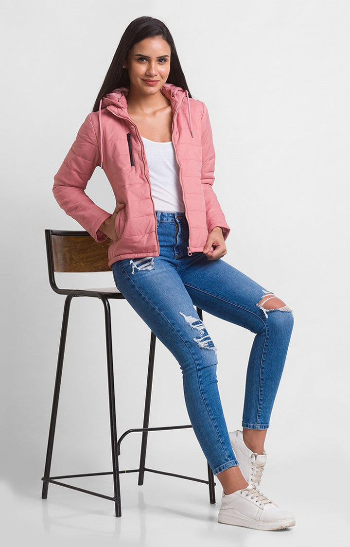 Spykar Baby Pink Nylon Full Sleeve Hooded Jacket For Women