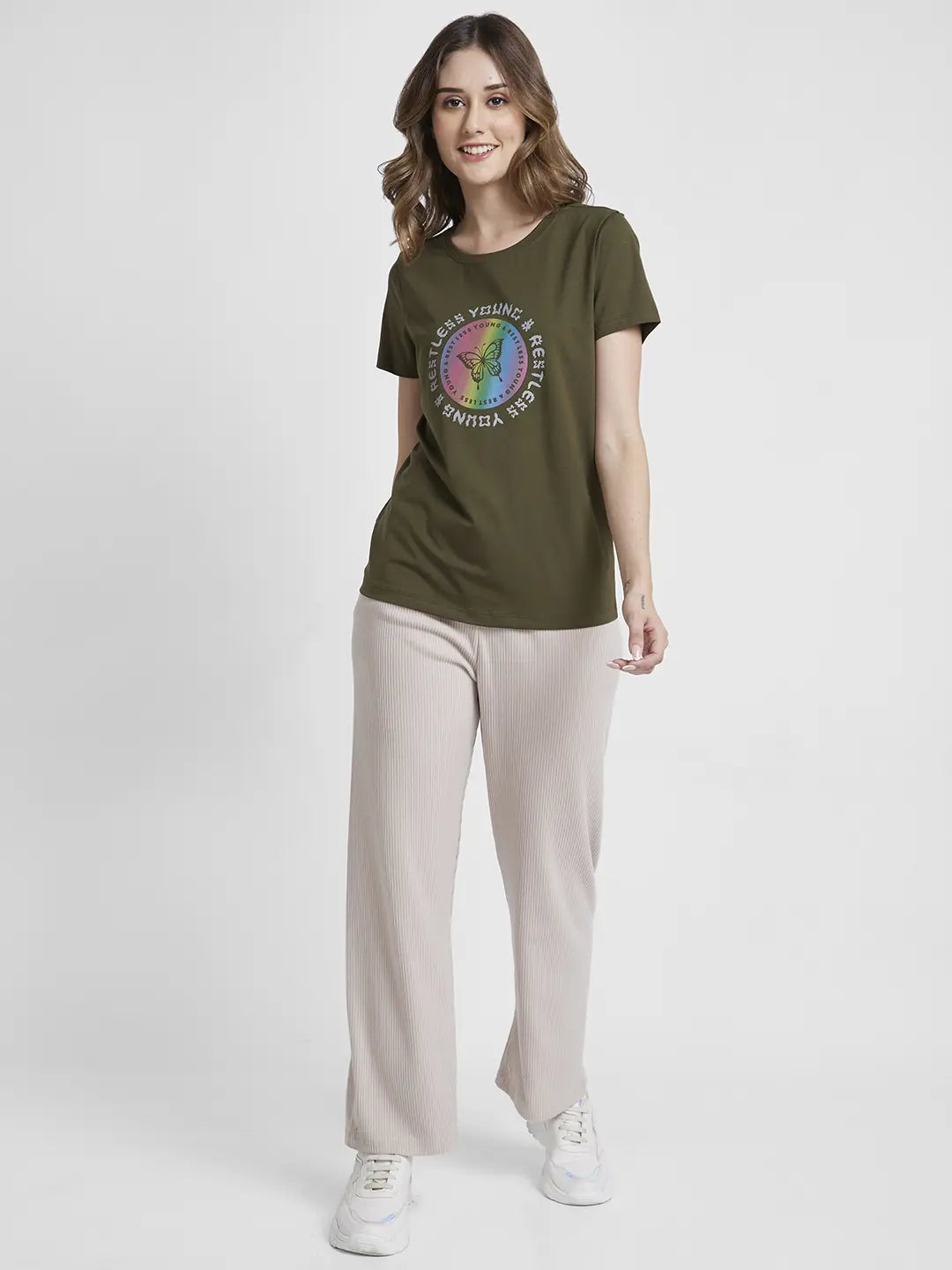 Spykar Women Beige Blended Straight Fit Ankle Length Trackpant