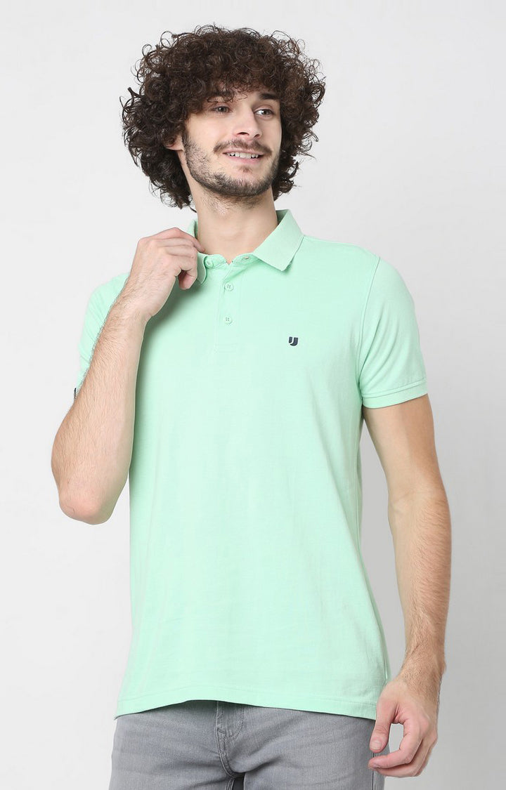 Men Mint Green Cotton Regular Fit Polo T-Shirt - Underjeans By Spykar