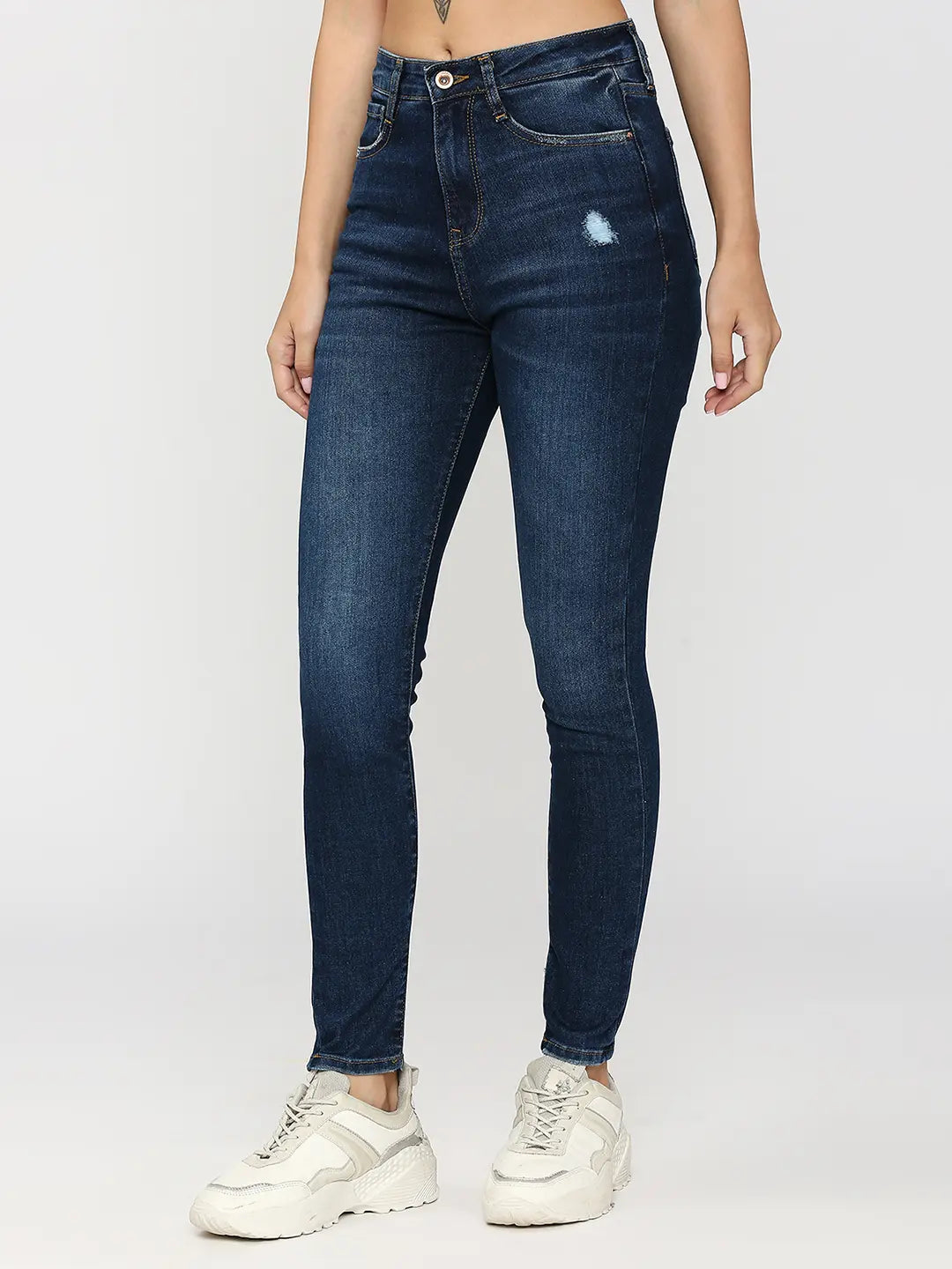 Spykar Women Dark Blue Cotton Super Skinny Fit Ankle Length Clean Look High Rise Jeans (Alexa)