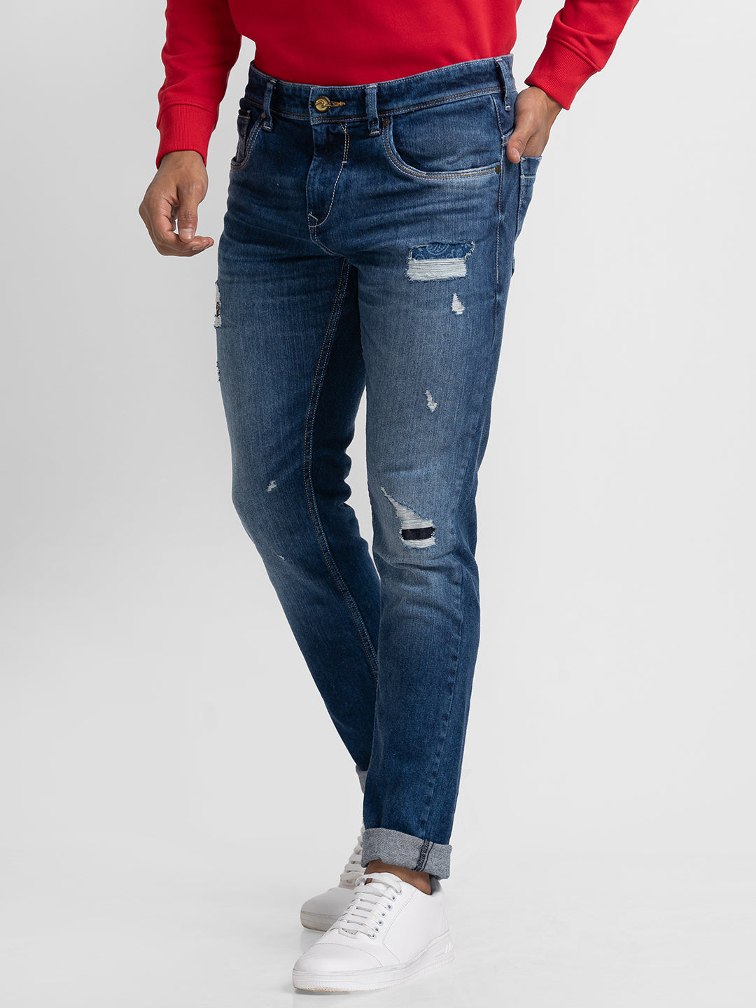 Spykar Mid Blue Cotton Slim Fit Narrow Length Jeans For Men (Skinny)