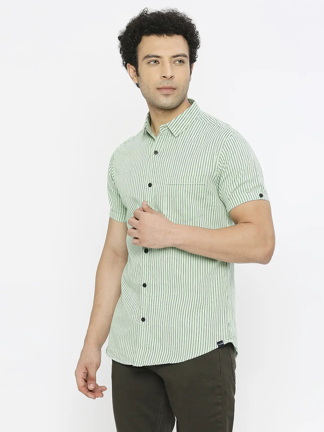 Spykar Men Pista Green Cotton Slim Fit Half Sleeve Striped Shirt