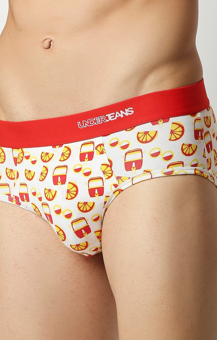 Men Red Cotton Blend Printed Brief- Underjeans By Spykar