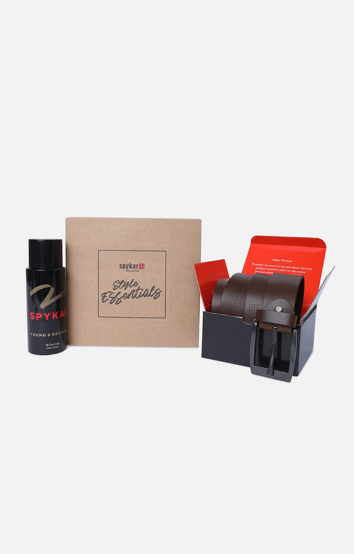 Spykar Brown Belt (L) & Olive Deodorant Combo
