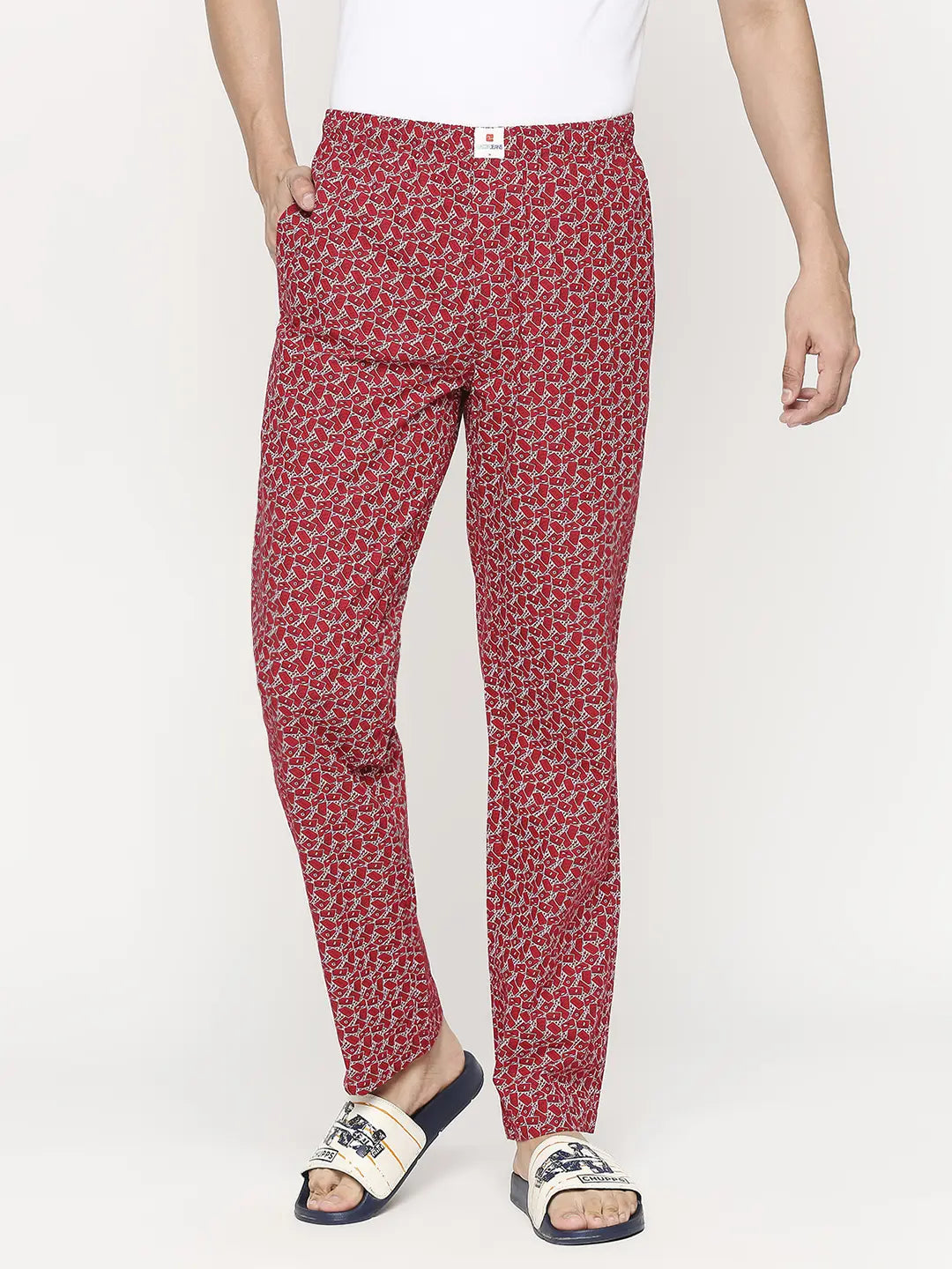 Men Red & White Cotton Regular Fit Pyjama - Underjeans By Spykar