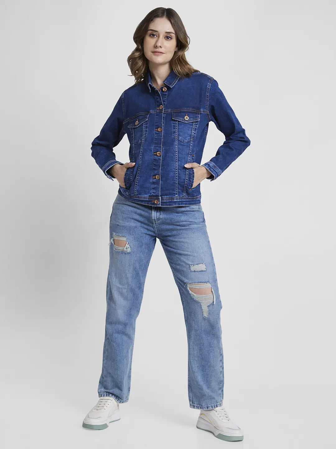 Spykar Women Dark Blue Regular Fit Classic Collar Denim Jacket
