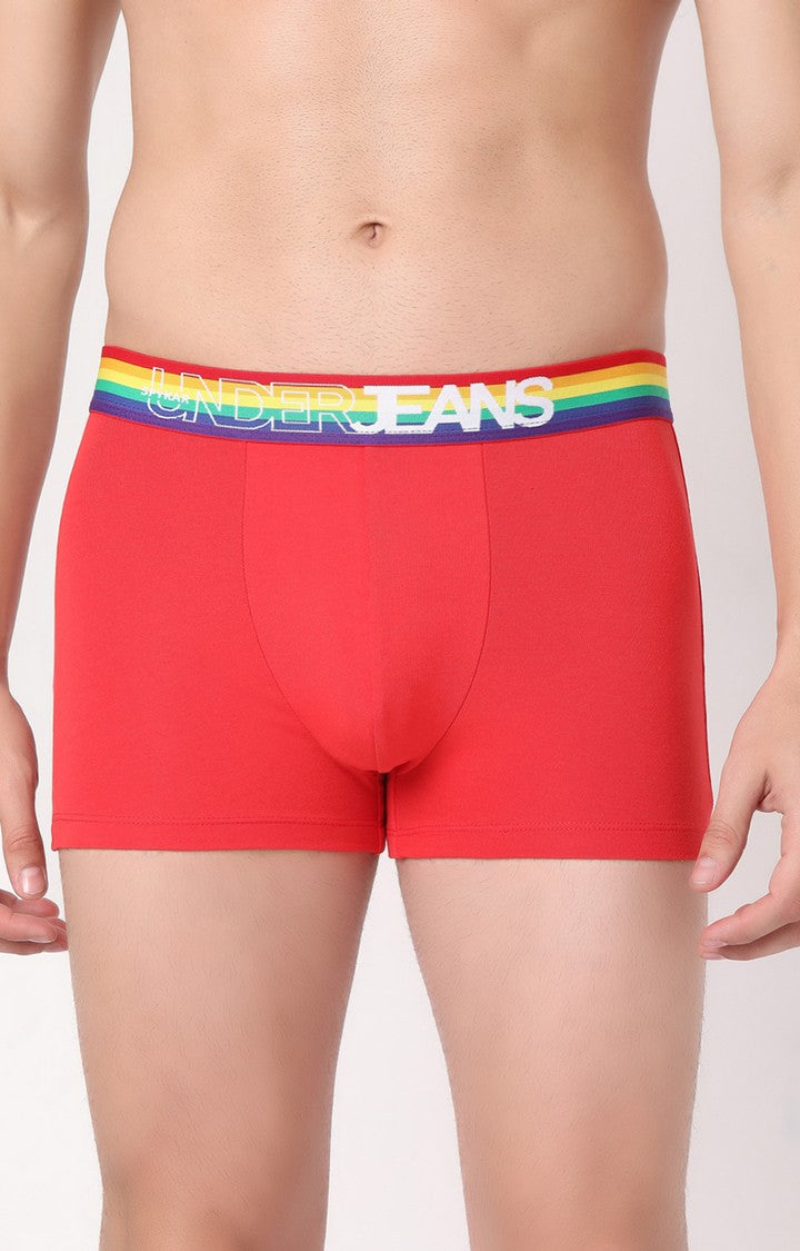 Men Red Multi Cotton Blend Trunk- Underjeans By Spykar